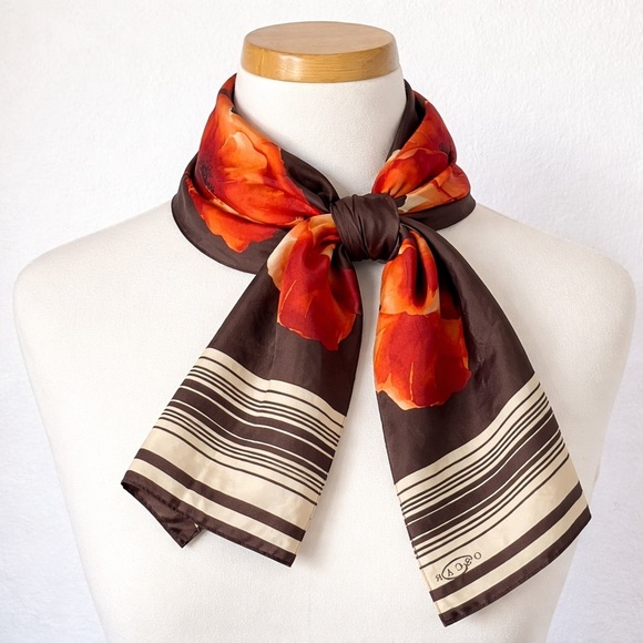 Oscar de la Renta Accessories - Oscar de la Renta  Vintage Brown Red Poppy Silk Satin Oblong Scarf designer